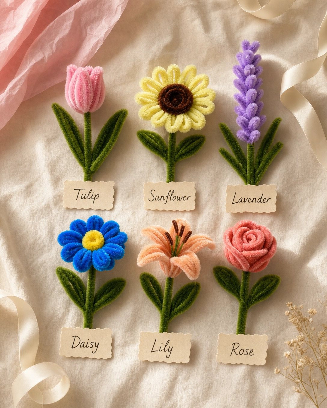 Handmade pipe-cleaner flowers labelled by type — tulip, sunflower, lavender, daisy, lily, rose