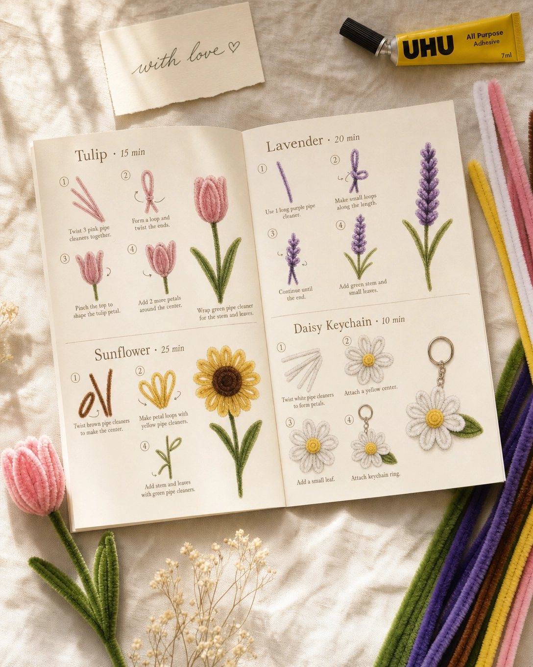A letsbloom DIY kit instruction booklet with pipe cleaners