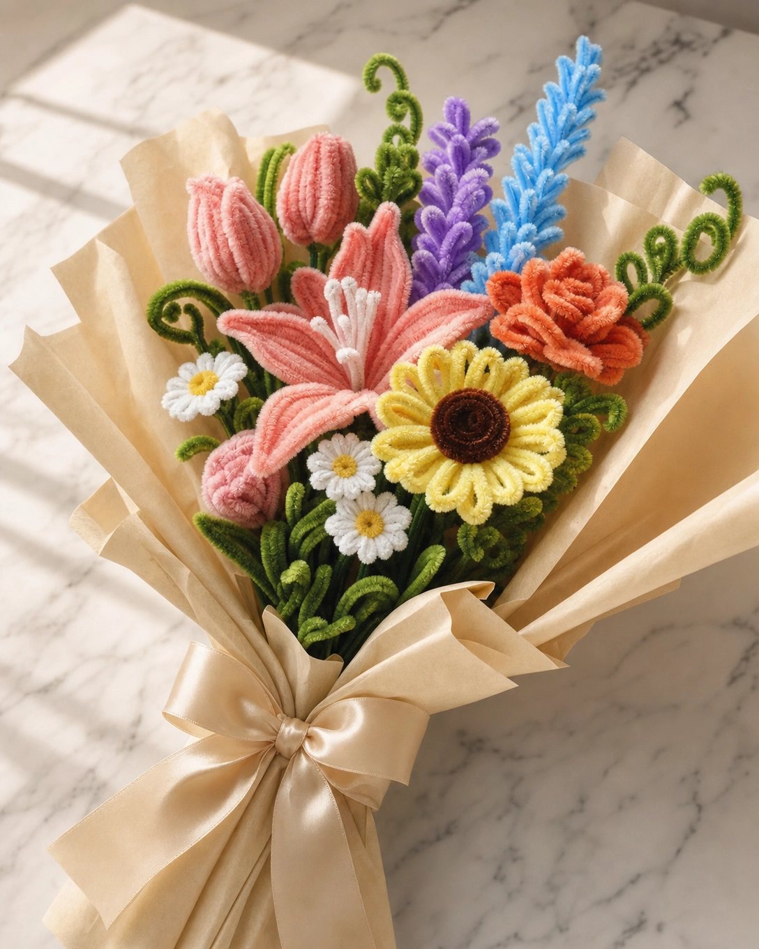 A wrapped bouquet of handmade pipe-cleaner flowers on marble