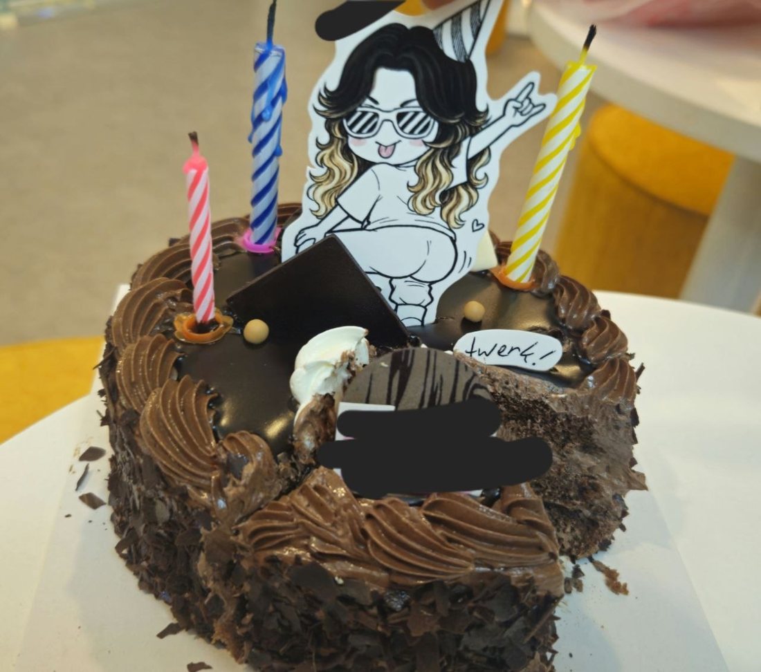 A chocolate birthday cake with a printed cut-out of a hand-drawn character standing on top among the candles