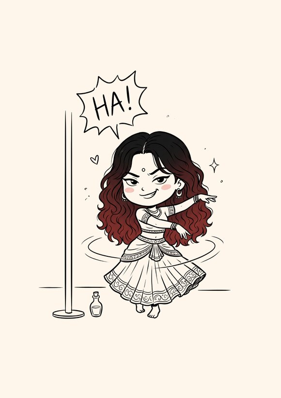 Chibi character mid-dance with a 'HA!' speech bubble
