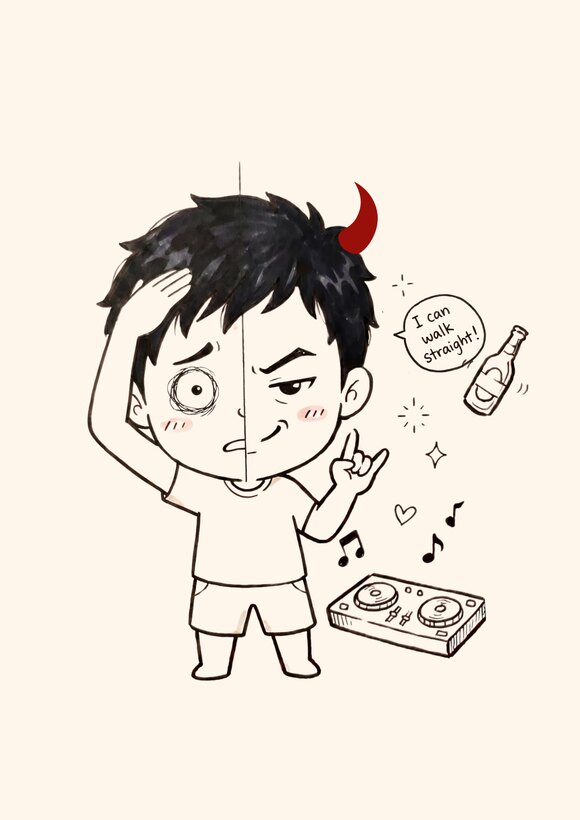 Chibi character with a DJ console and a cheeky grin