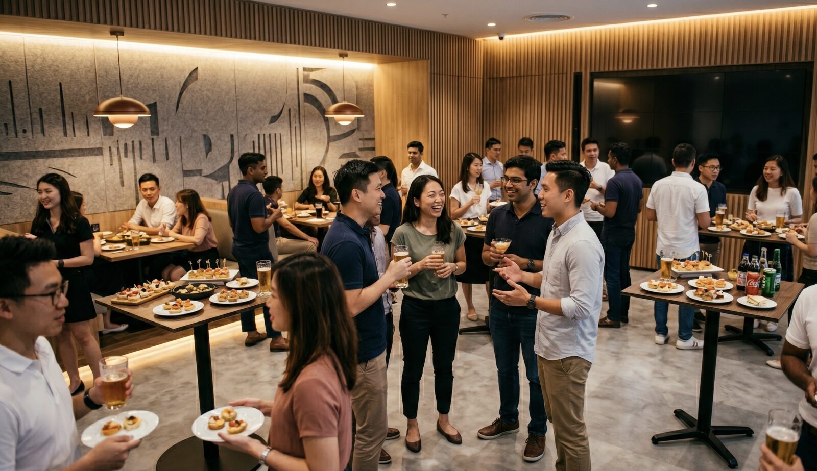 Guests mingling at a corporate networking event in a modern Singapore office